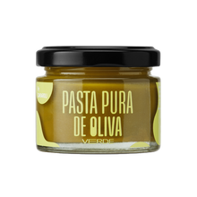 Cargar imagen en el visor de la galería, Tarro de cristal con tapa negra que contiene pasta de aceituna verde Caviaroli de 70g.